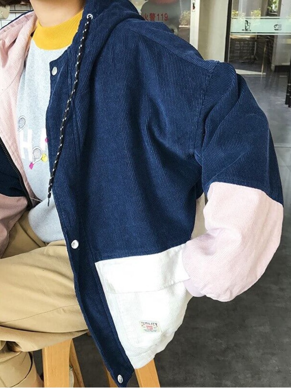 Duality Color Block Corduroy Hooded Jacket | Navy/Cream/Blush | Men’s